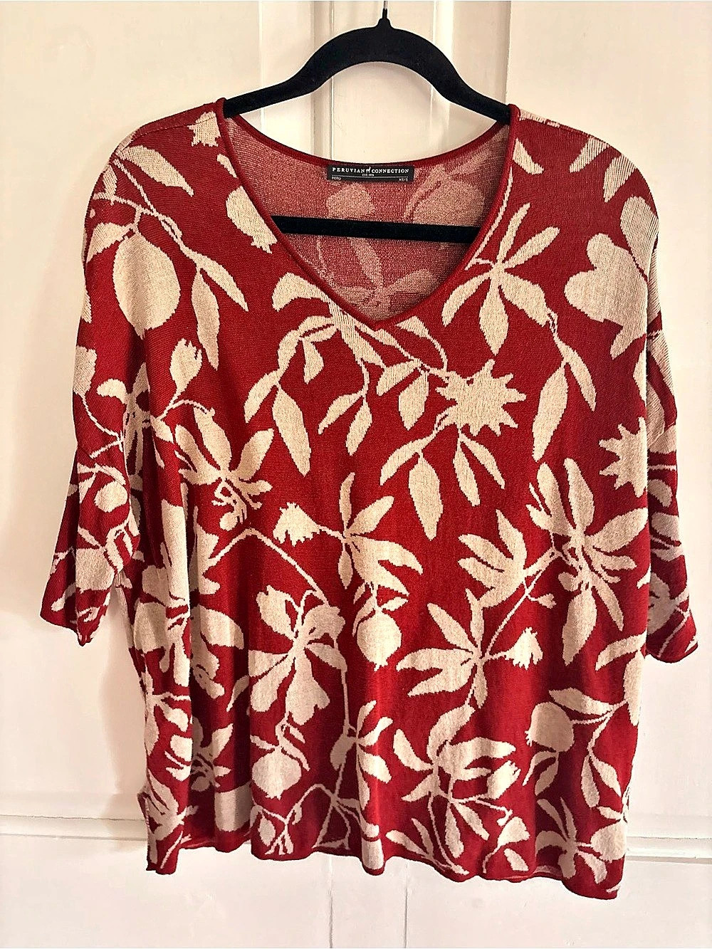 Peruvian Connection XS/S Pima Cotton Red Floral V Neck Knit Sweater Top
